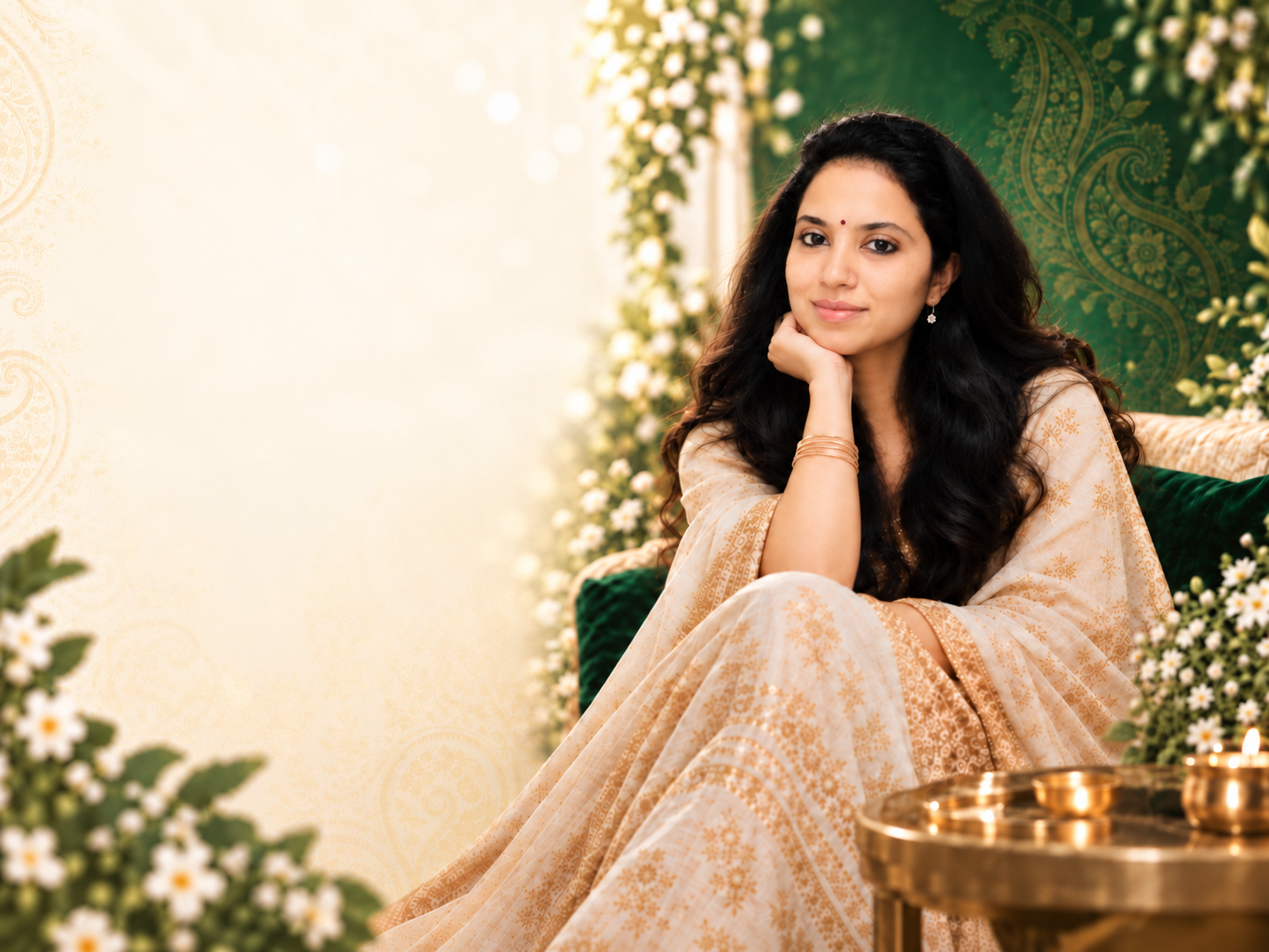 Anjaly Warrier in an ivory saree