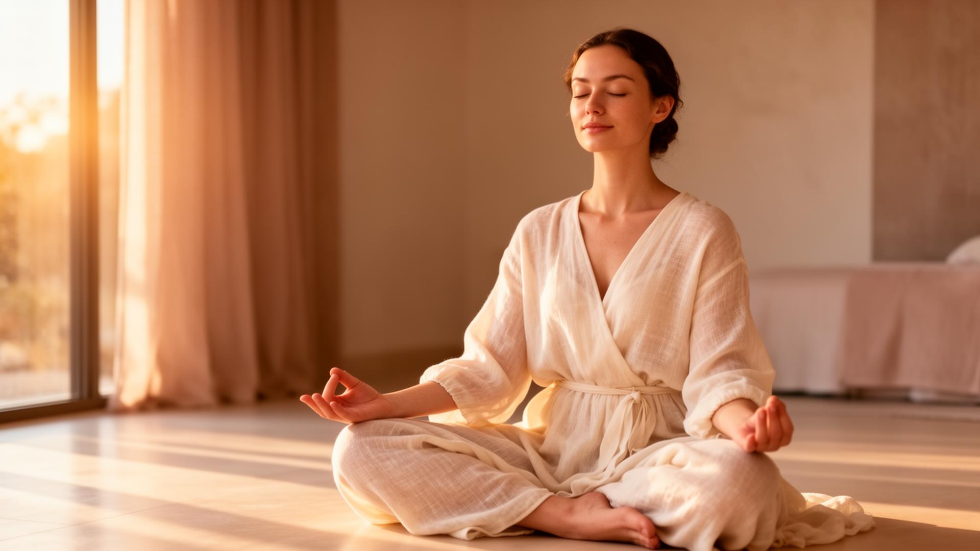 Calm mother in soft ivory linen meditating in golden light