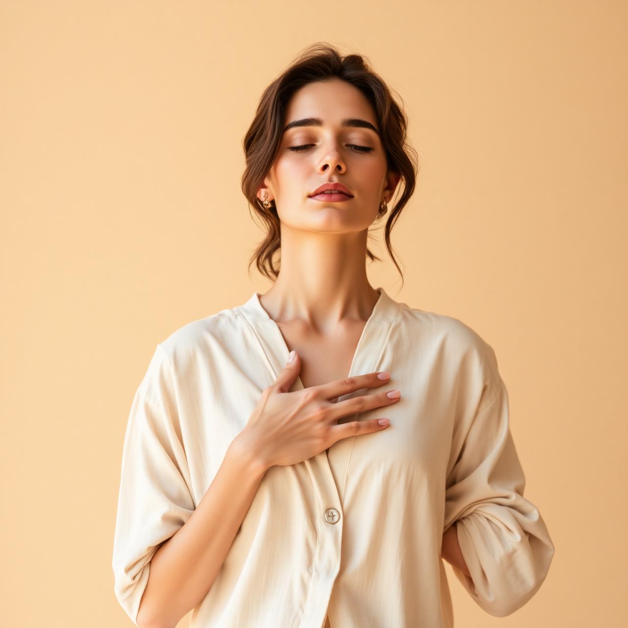 Woman in soft linen practicing gentle breathwork with hand on heart